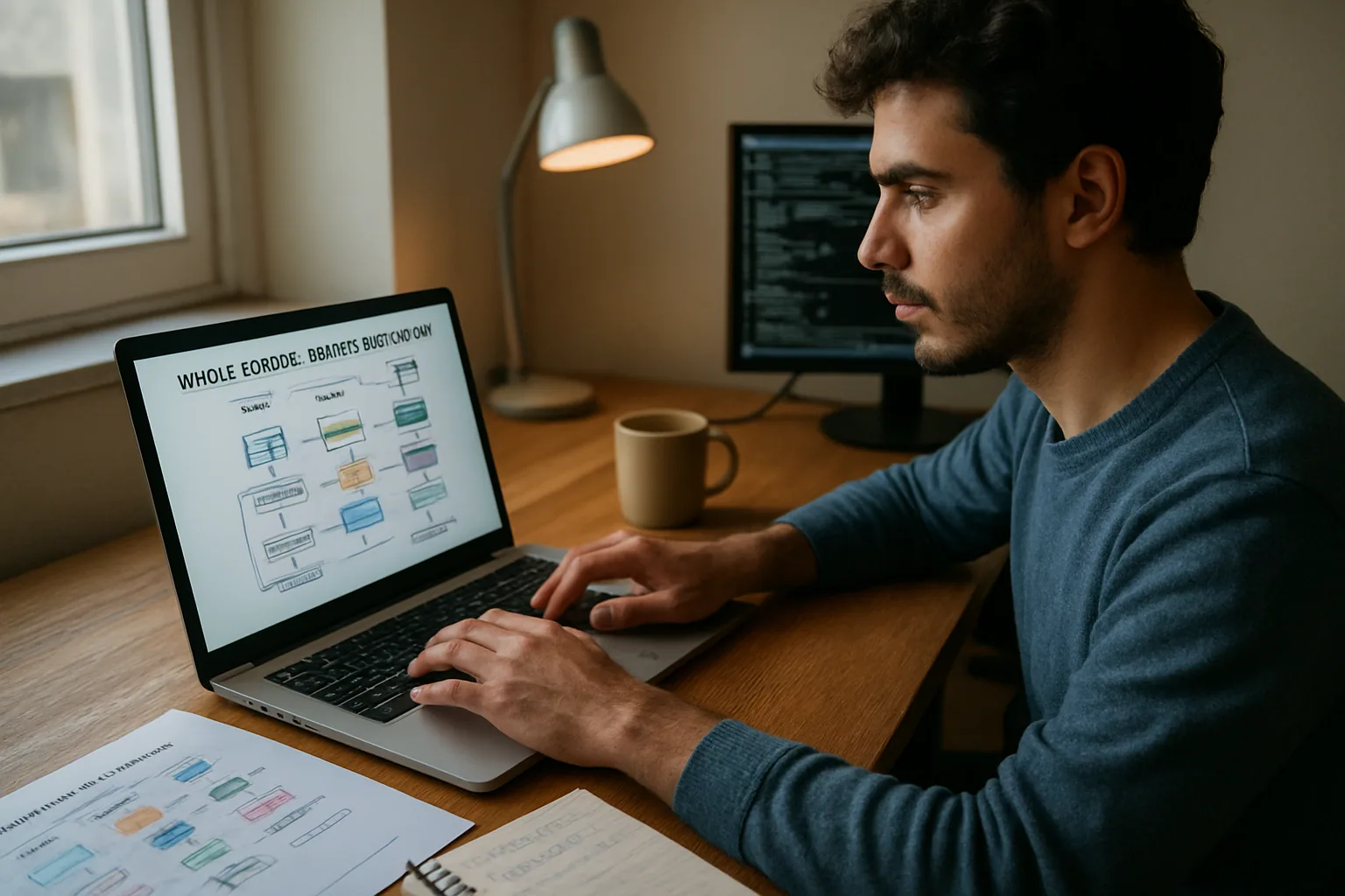 Una persona revisa resultados de análisis genómico en una laptop abierta junto a una libreta, un café y un diagrama de flujo de pipeline en una mesa de laboratorio.