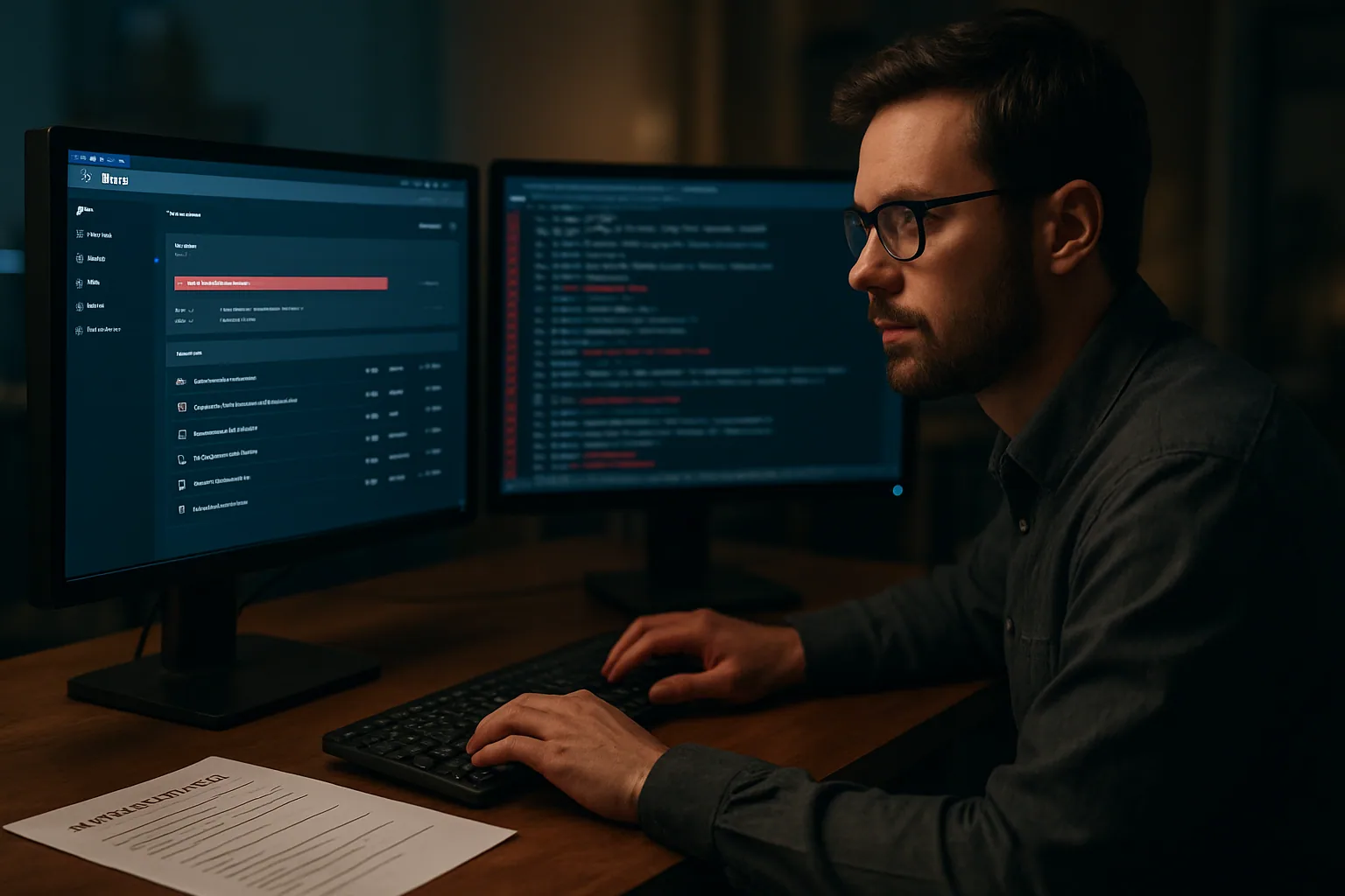 Un administrador revisa paneles de seguridad y registros de un sitio Ghost CMS en una oficina, con alertas de tráfico sospechoso en varias pantallas.