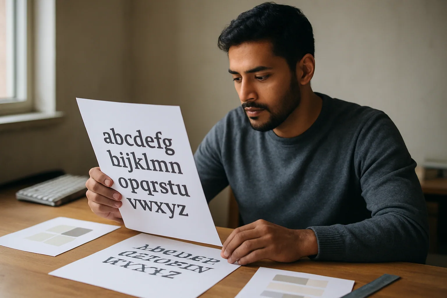 Una hoja impresa muestra un texto con trazos tipográficos sutilmente alterados mientras una persona lo lee con atención sobre una mesa de trabajo.