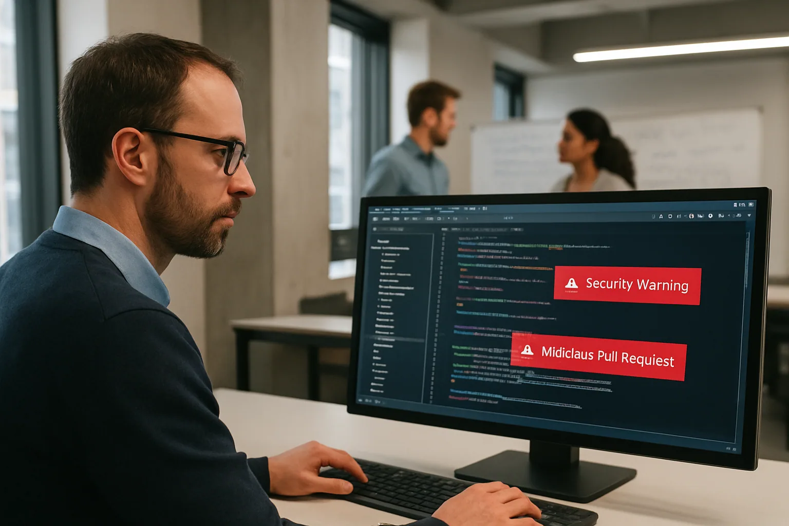 Un analista de ciberseguridad revisa en una pantalla varios repositorios y alertas de seguridad mientras un equipo de desarrollo trabaja al fondo en una oficina moderna.
