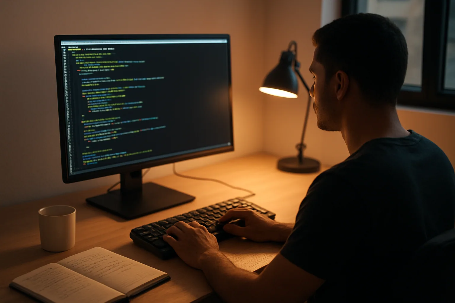 Una persona trabajando en una estación de desarrollo con una terminal abierta en una pantalla de escritorio, teclado mecánico, cuaderno y café al lado.