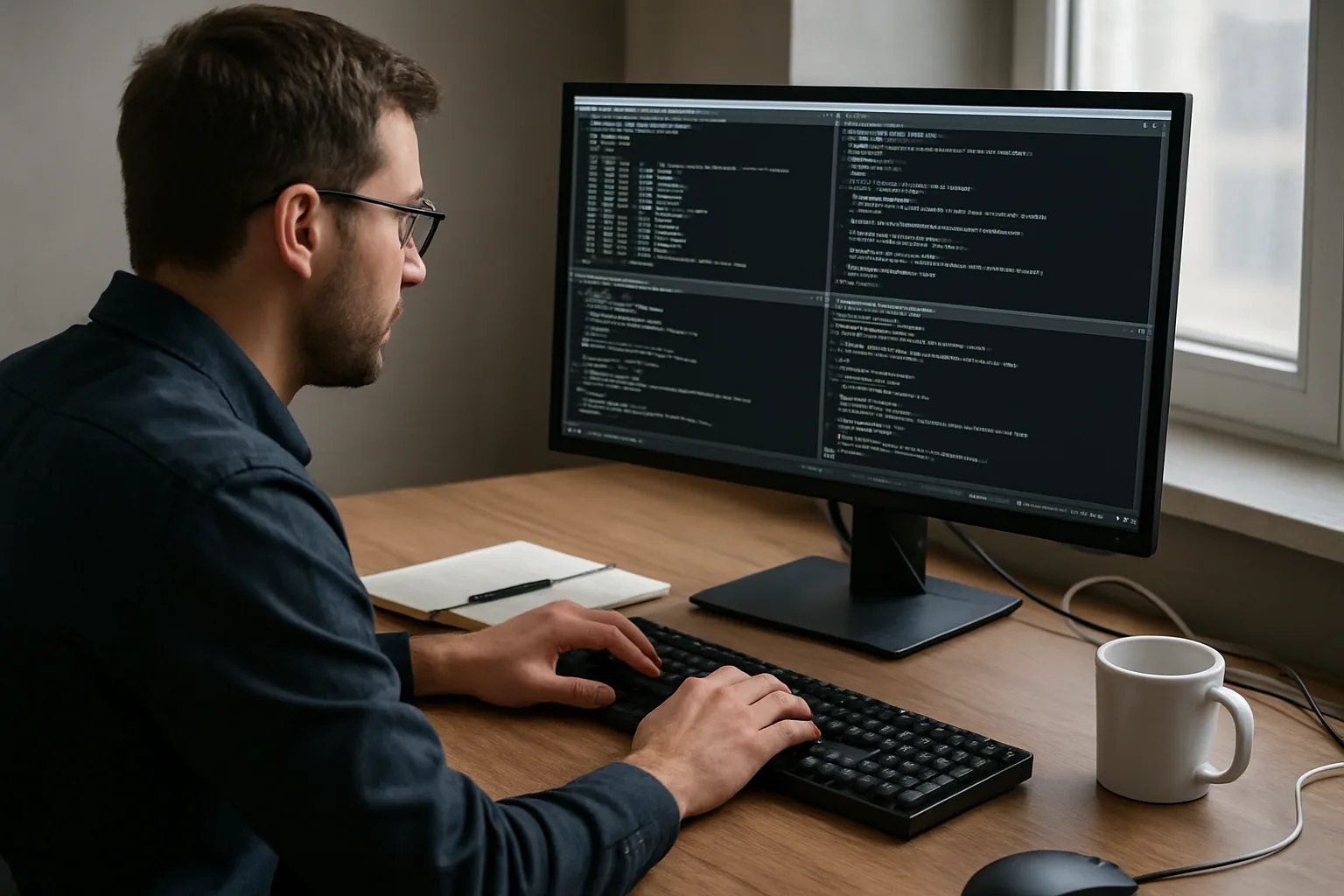 Una persona trabaja frente a una terminal moderna en una computadora de escritorio, con una interfaz oscura y varias ventanas de consola abiertas en un escritorio real.