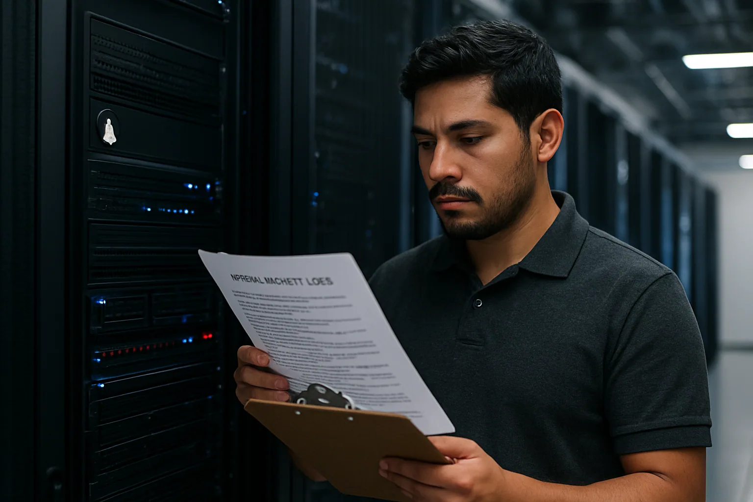 Un administrador de sistemas revisa alertas de seguridad en un servidor Linux dentro de una sala de datos, con racks iluminados y una pantalla mostrando registros de kernel.