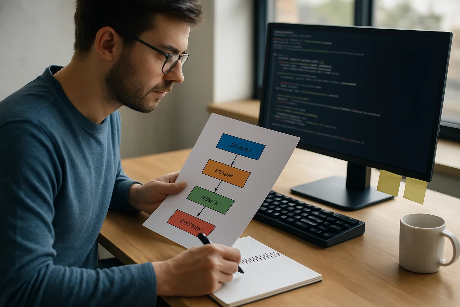Una persona revisa una terminal con comandos de Git en una oficina de desarrollo, con notas técnicas impresas y una libreta abierta sobre la mesa.