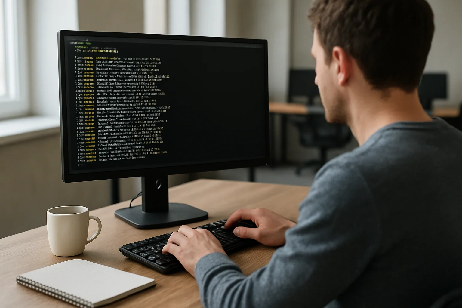Una persona revisa historial de cambios de código en una terminal con una libreta al lado, en un escritorio de oficina con luz natural.