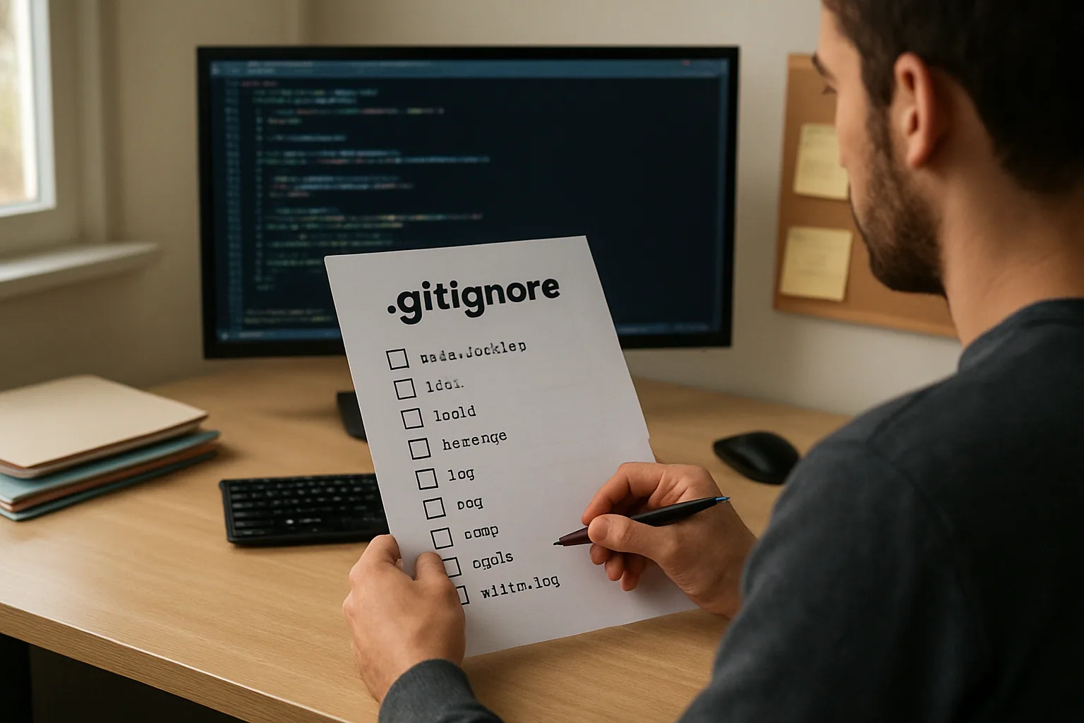 Un desarrollador revisa archivos de configuración en una terminal mientras compara reglas de Git para ignorar cambios locales.