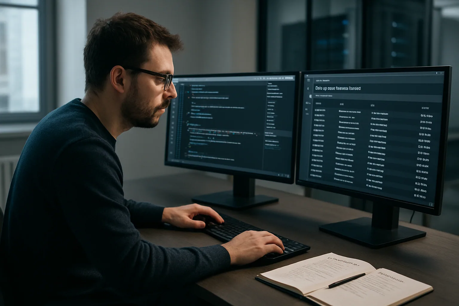 Un equipo técnico revisa alertas de seguridad en una sala de trabajo con pantallas mostrando repositorios y permisos de acceso.