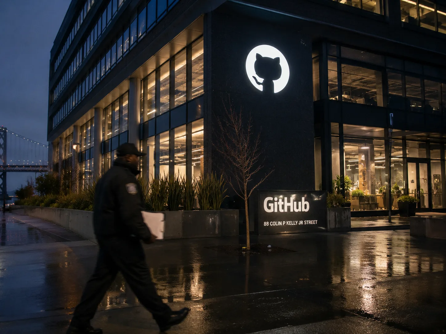 Sede de GitHub en San Francisco con el logo del Octocat iluminado de noche tras la confirmación pública del breach del 20 de mayo