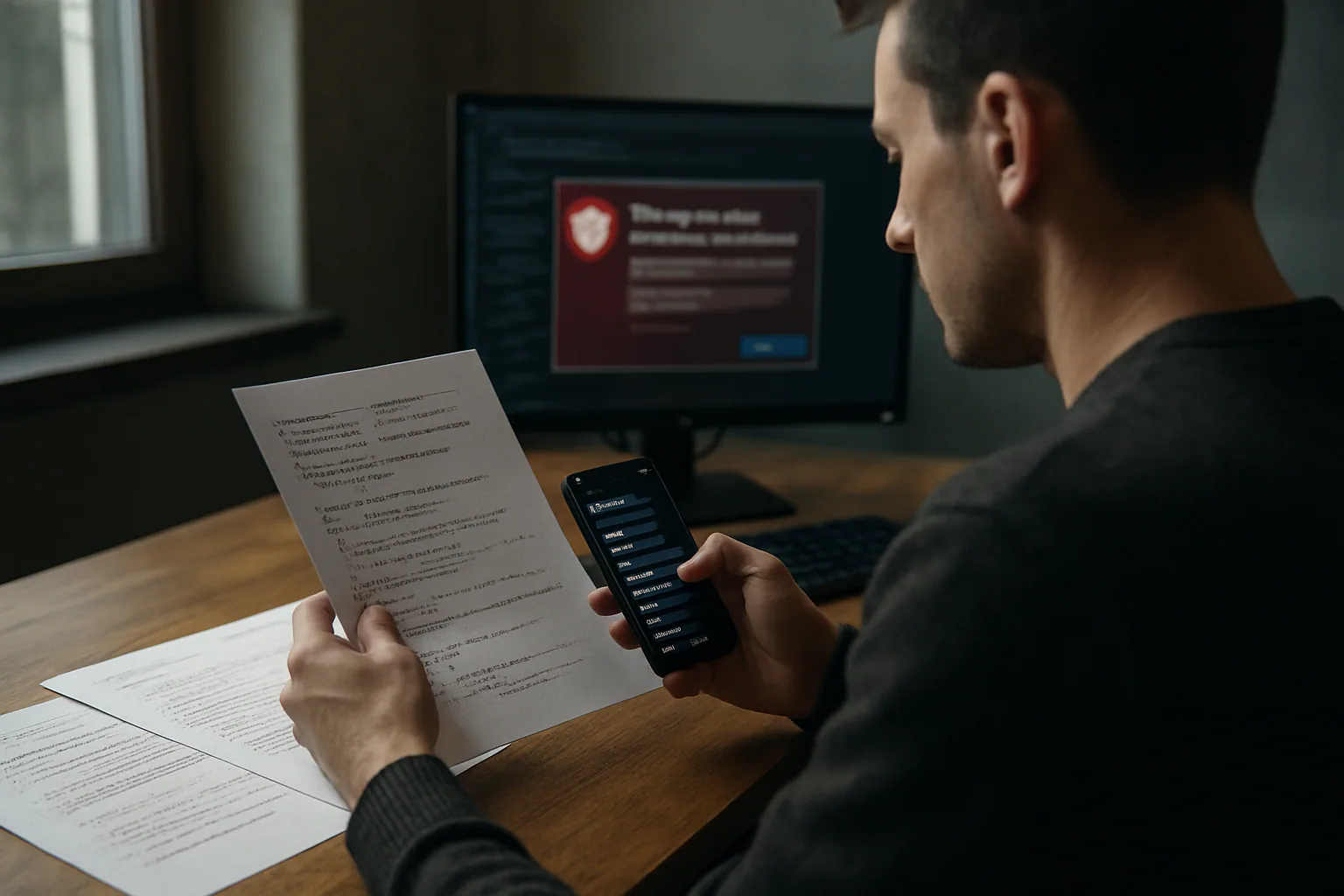 Un investigador de seguridad revisa notas y capturas de pantalla en un escritorio con un monitor mostrando una alerta de Windows y un teléfono con notificaciones de GitHub.