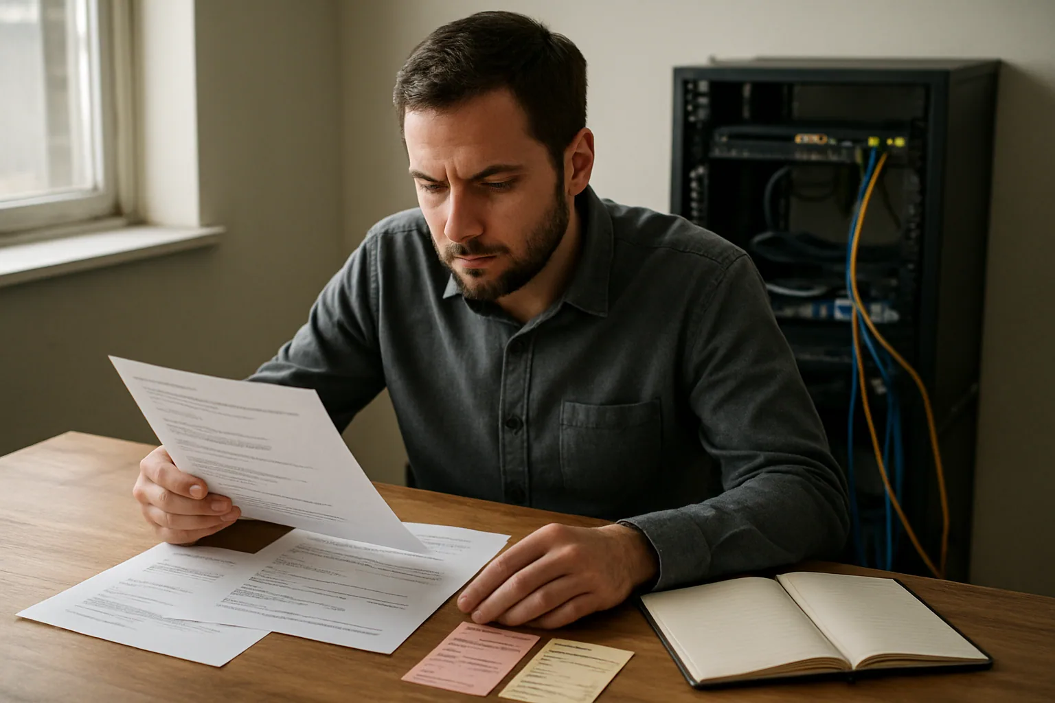 Una persona revisa un tablero de trabajo con tarjetas de código, tickets y notas impresas en una mesa de oficina, con un servidor y cables al fondo.