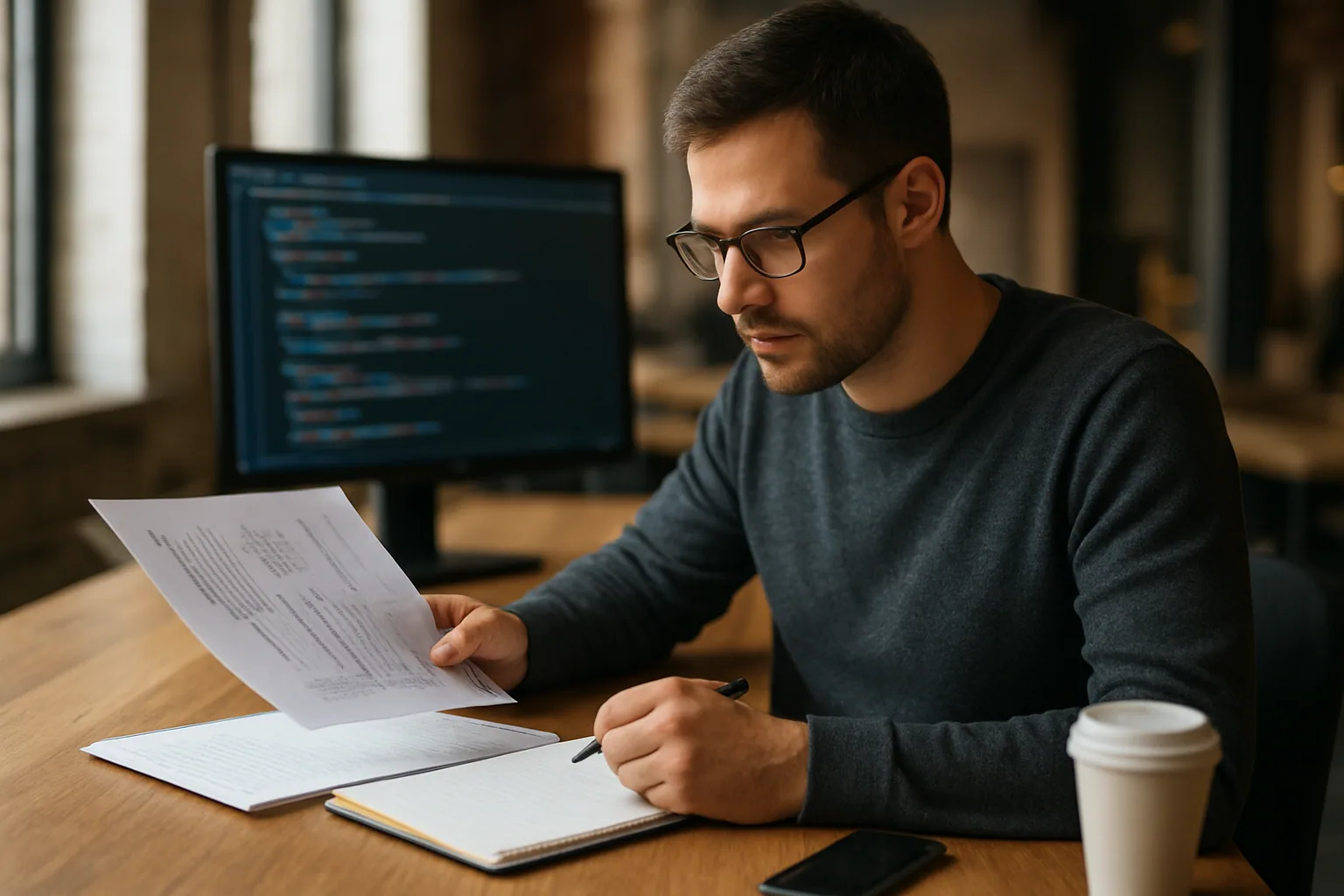 Una persona revisa documentación técnica en una mesa de trabajo con una libreta, café y una pantalla con código al fondo, en un entorno de oficina sobrio.