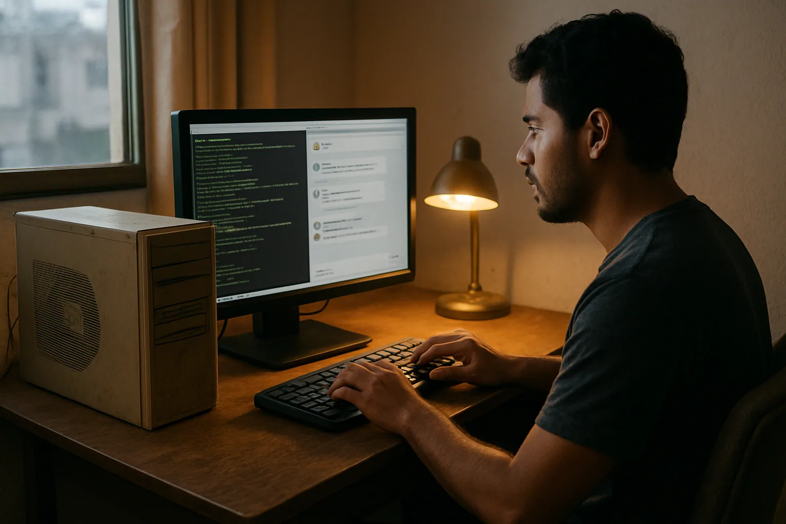 Una persona usando una PC de escritorio vieja en un cuarto sencillo, con una terminal abierta mostrando una sesión de IA local en pantalla.