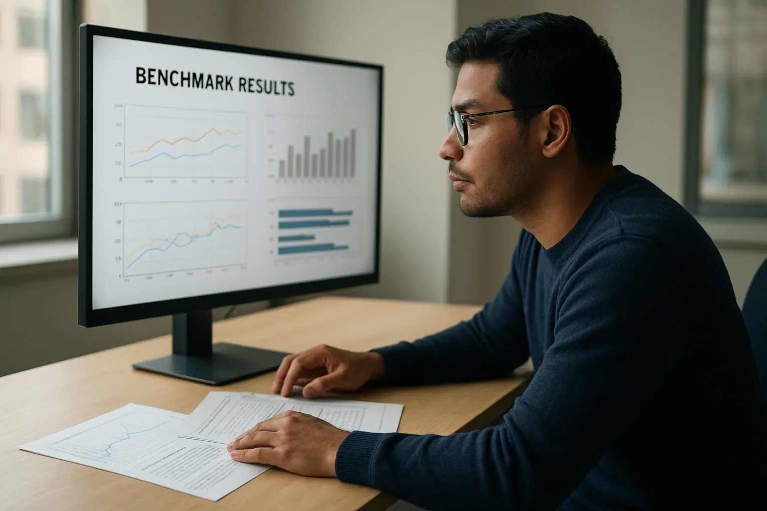 Una persona revisa resultados de benchmarks de IA en una pantalla grande dentro de una oficina, con gráficos comparativos y notas de evaluación técnica.