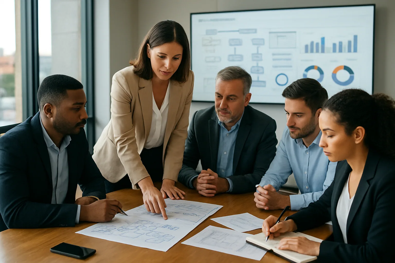 Un equipo de Globant reunido en una sala de reuniones moderna revisa un tablero de trabajo con procesos de negocio y documentos en pantalla, mientras una persona guía una implementación de IA.