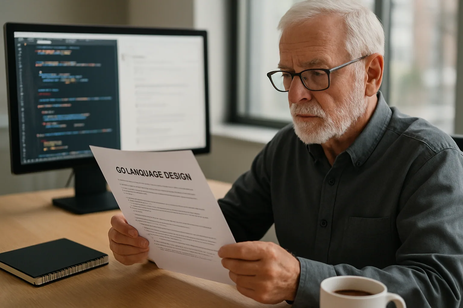 Una persona revisa una discusión técnica de Go en una pantalla de escritorio dentro de una oficina de software, con notas sobre diseño de APIs y código en segundo plano.