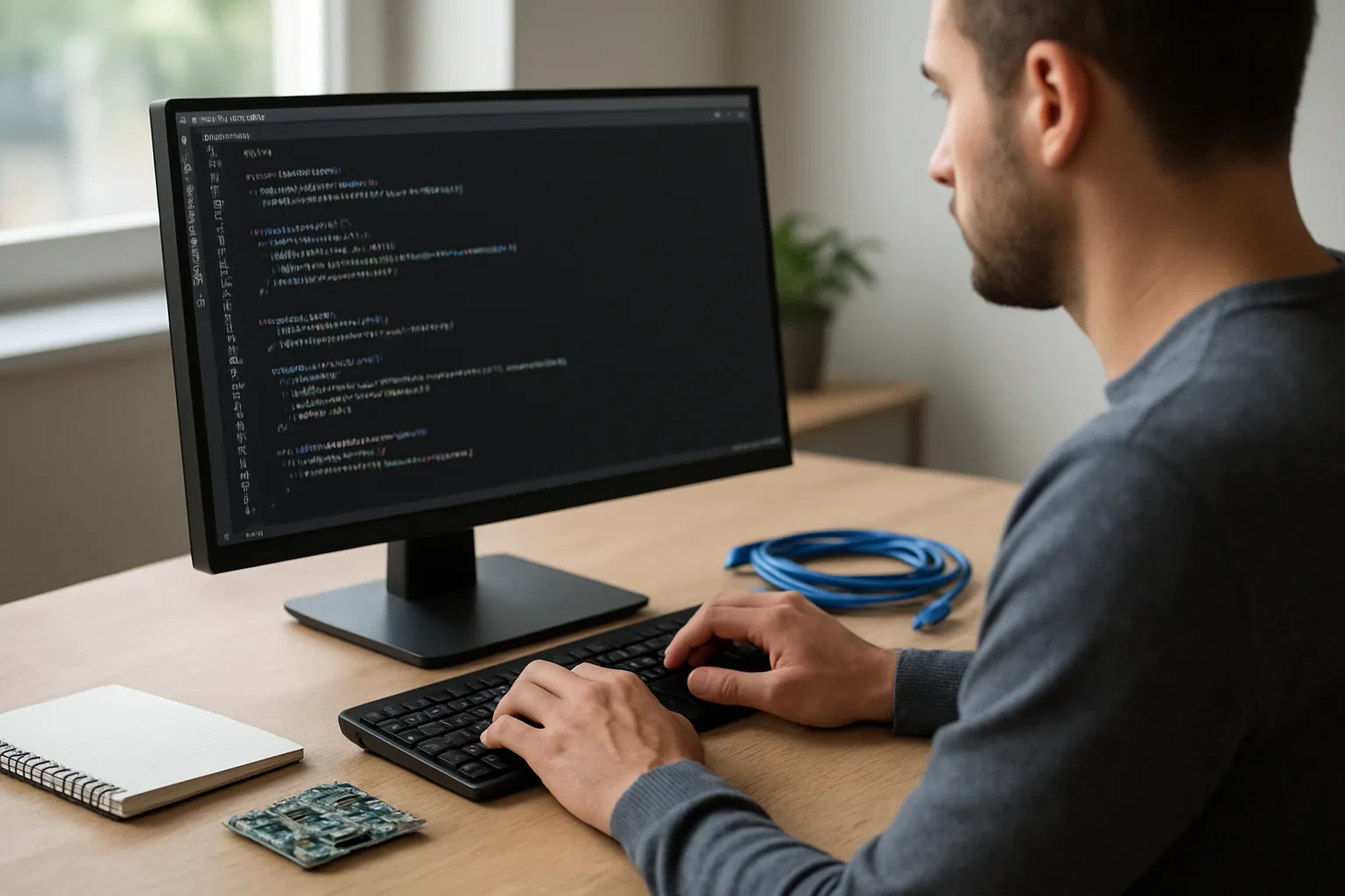Una persona revisa código de Go en una pantalla de escritorio junto a una placa de desarrollo y herramientas de sistema en una mesa de trabajo.