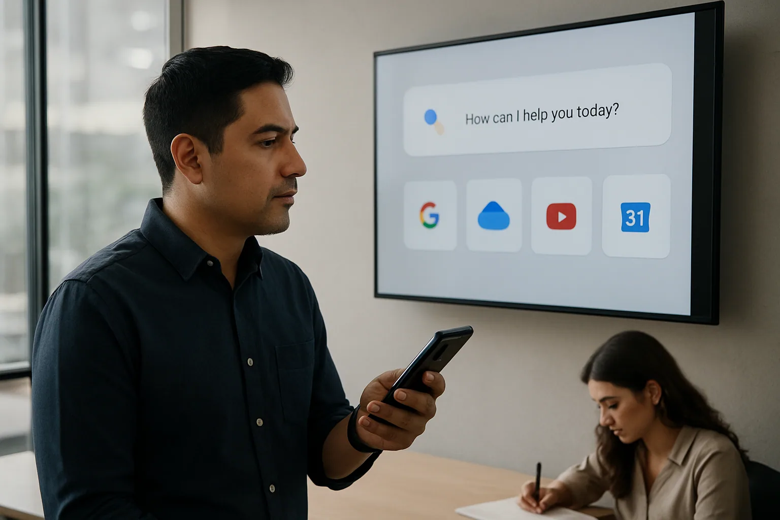 Una persona usa un teléfono Android mientras en una pantalla cercana se ve una interfaz de Google Gemini conectada con iconos de apps de terceros en una oficina moderna.