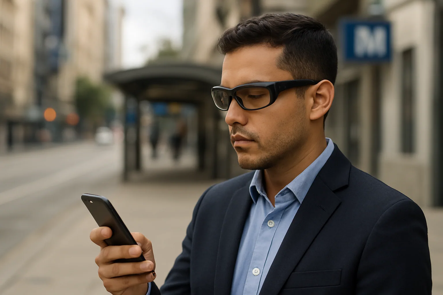 Una persona usa unas gafas inteligentes de Google con una interfaz de realidad aumentada proyectada frente a sus ojos en un entorno urbano.