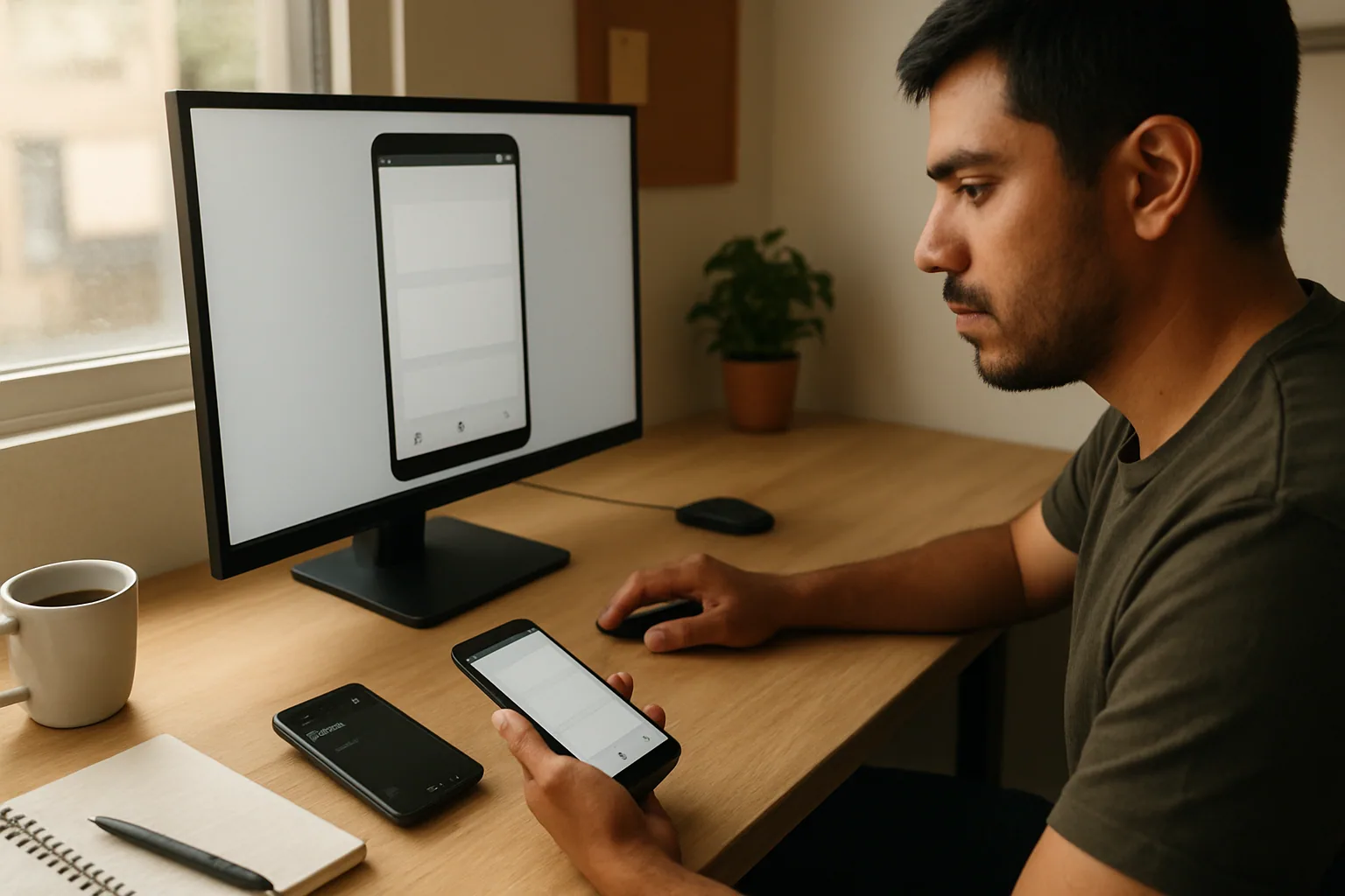 Una persona revisa en una pantalla el prototipo de una app Android mientras muestra un teléfono con la interfaz funcionando al lado.