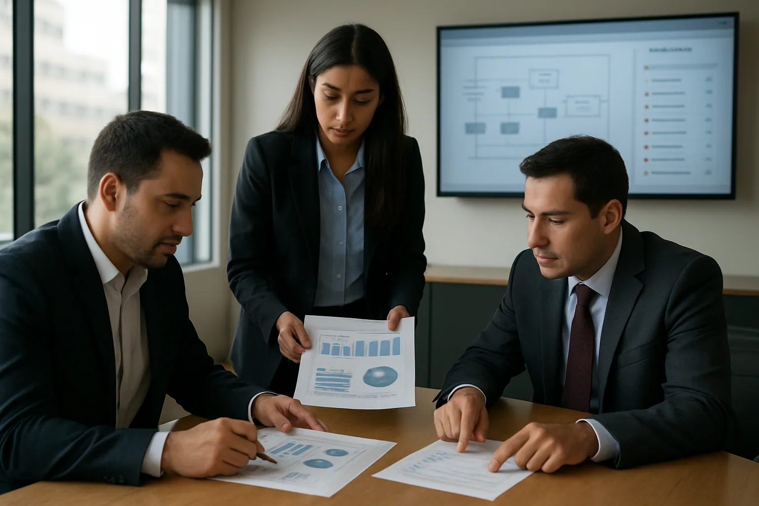 Una sala de trabajo corporativa con varias personas revisando paneles de operaciones y reportes de negocio en una pantalla grande mientras un equipo coordina procesos en tiempo real.