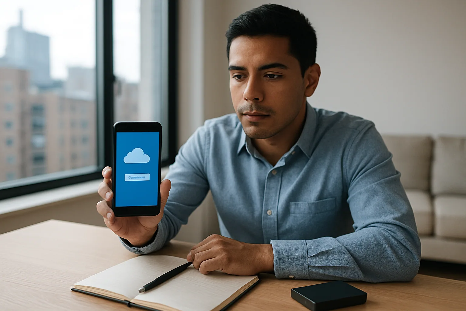 Una persona revisa en su teléfono el plan Google AI Plus junto a una pantalla con ajustes de almacenamiento de Google One y una libreta sobre una mesa de trabajo.