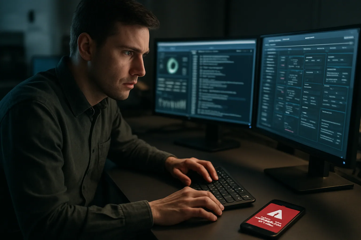 Un analista de ciberseguridad revisa alertas en varios monitores dentro de una sala de operaciones, mientras un teléfono con una notificación de acceso sospechoso está sobre el escritorio.