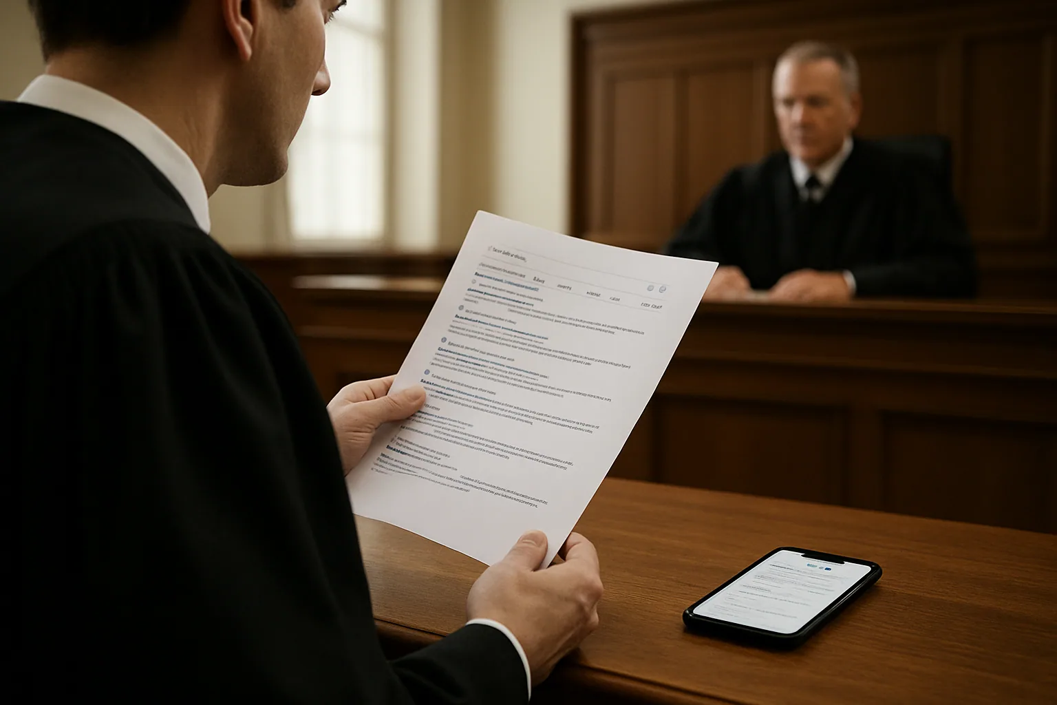 Una sala de tribunal en Alemania con un juez, documentos legales y una pantalla mostrando resultados de búsqueda de Google con respuestas de IA.
