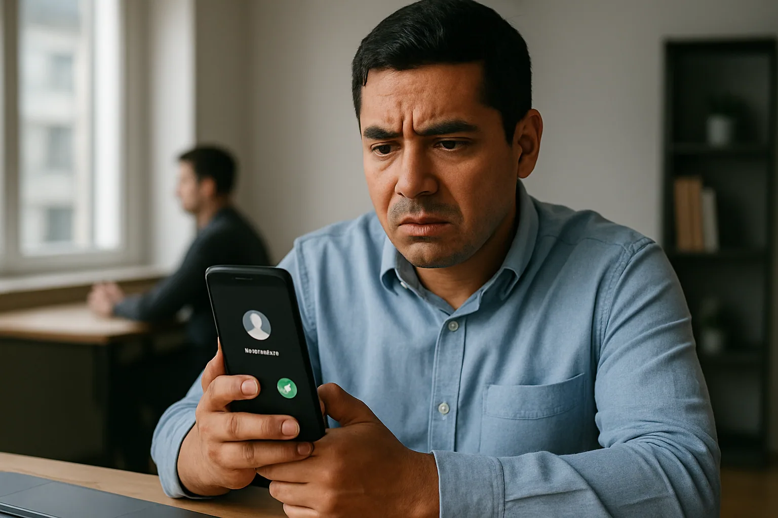 Una persona revisa una llamada sospechosa en un teléfono Android mientras otra persona espera al fondo en una oficina iluminada con luz natural.