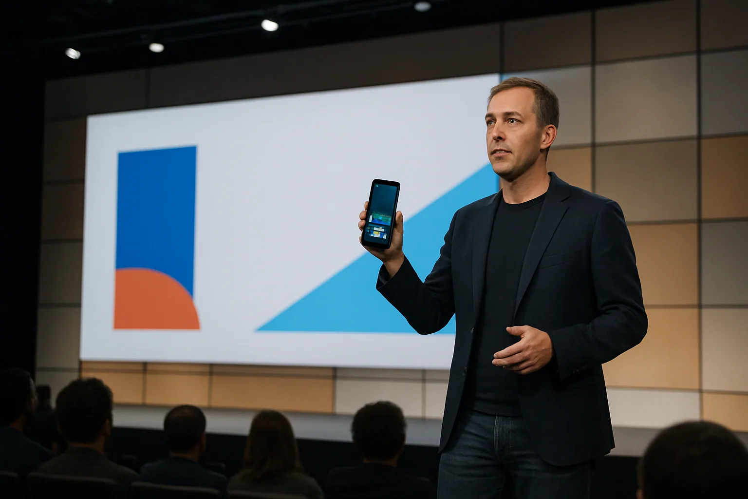 Una persona sostiene un teléfono Android frente a una pantalla con el logo de Google I/O durante un evento tecnológico en un auditorio.