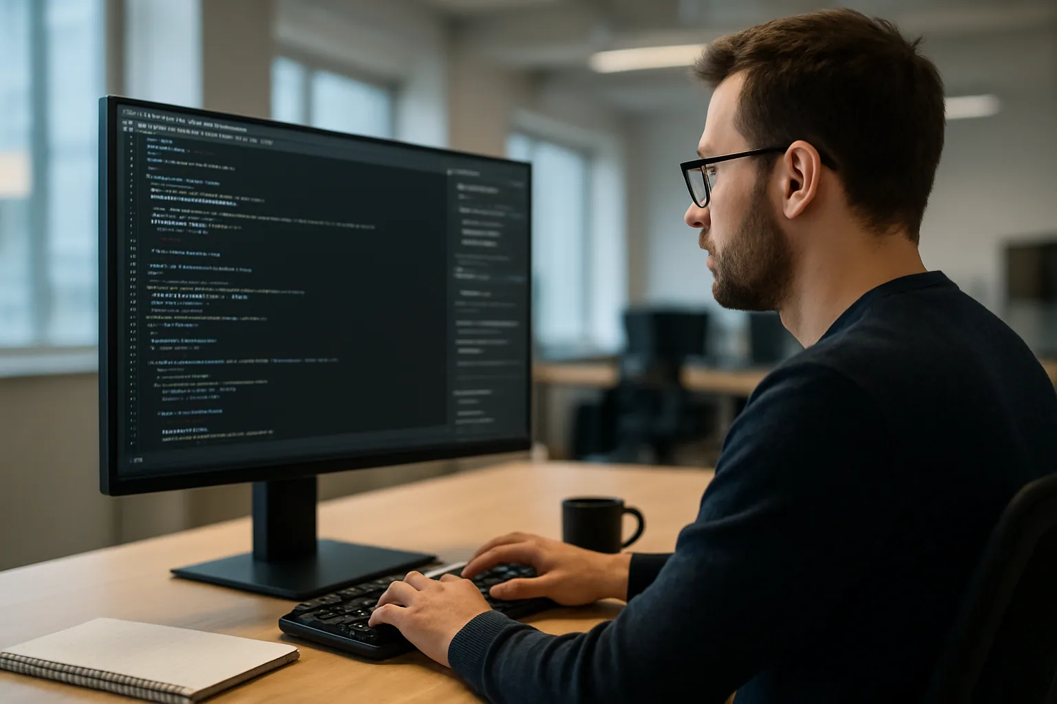 Un desarrollador revisa código en un editor tipo VS Code en una oficina moderna, con varias ventanas de IA abiertas en la pantalla y una libreta al lado.