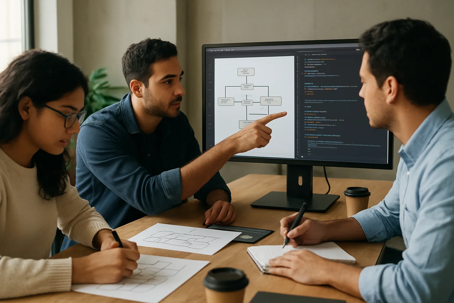 Un equipo de desarrollo revisa una app con paneles de métricas de IA en una oficina moderna, mientras una persona escribe código en una pantalla grande.