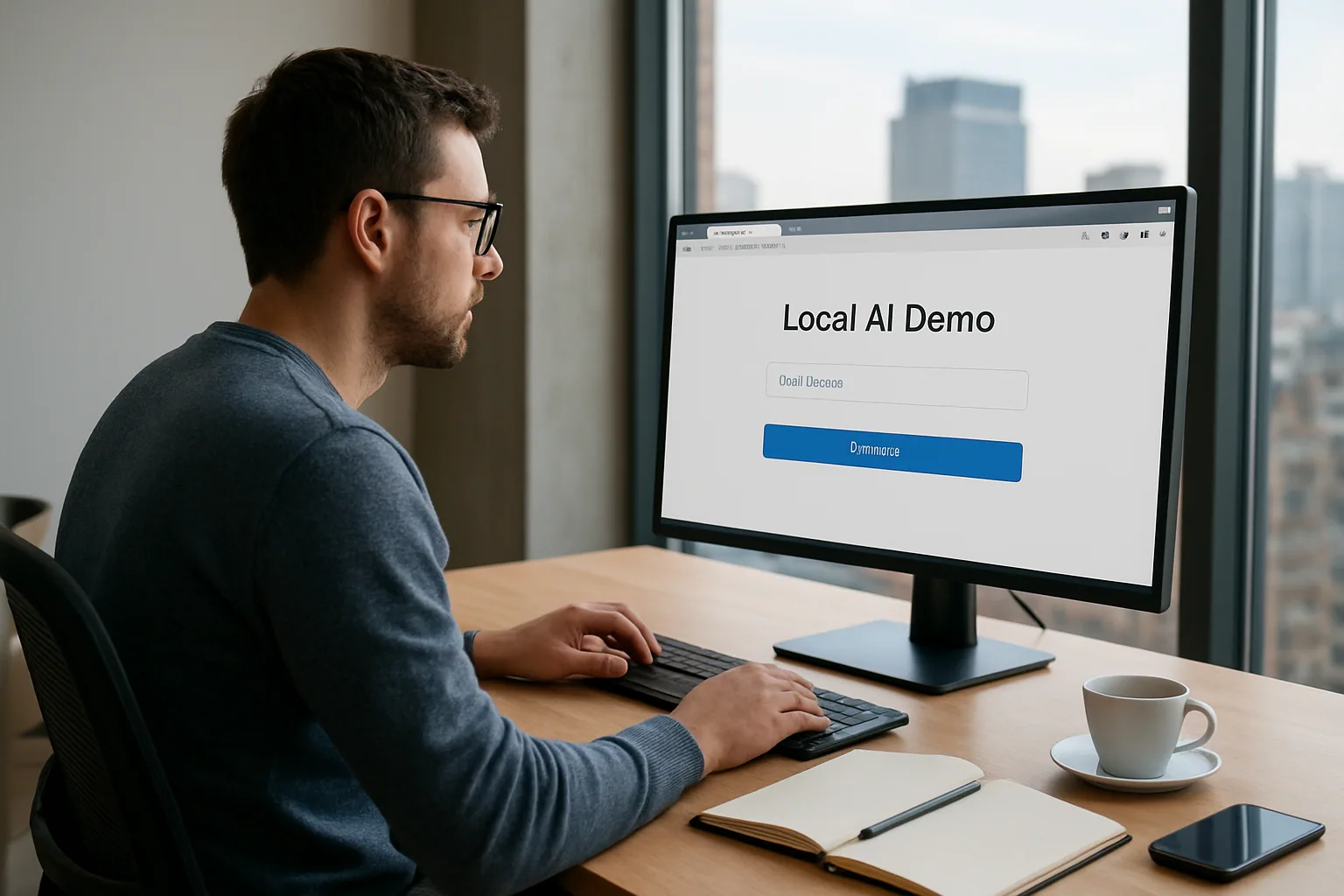 Una persona trabaja en un navegador con una interfaz de IA local mientras en la mesa hay una libreta, un café y un teléfono, en un escritorio de oficina moderno.