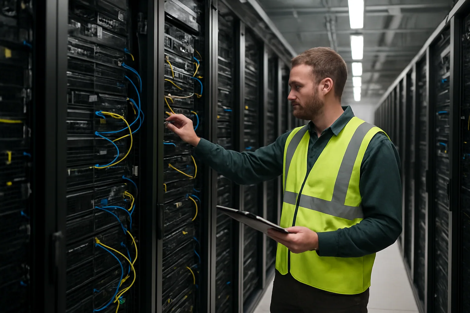 Un centro de datos con filas de servidores y técnicos revisando racks en una sala industrial iluminada con luz blanca.