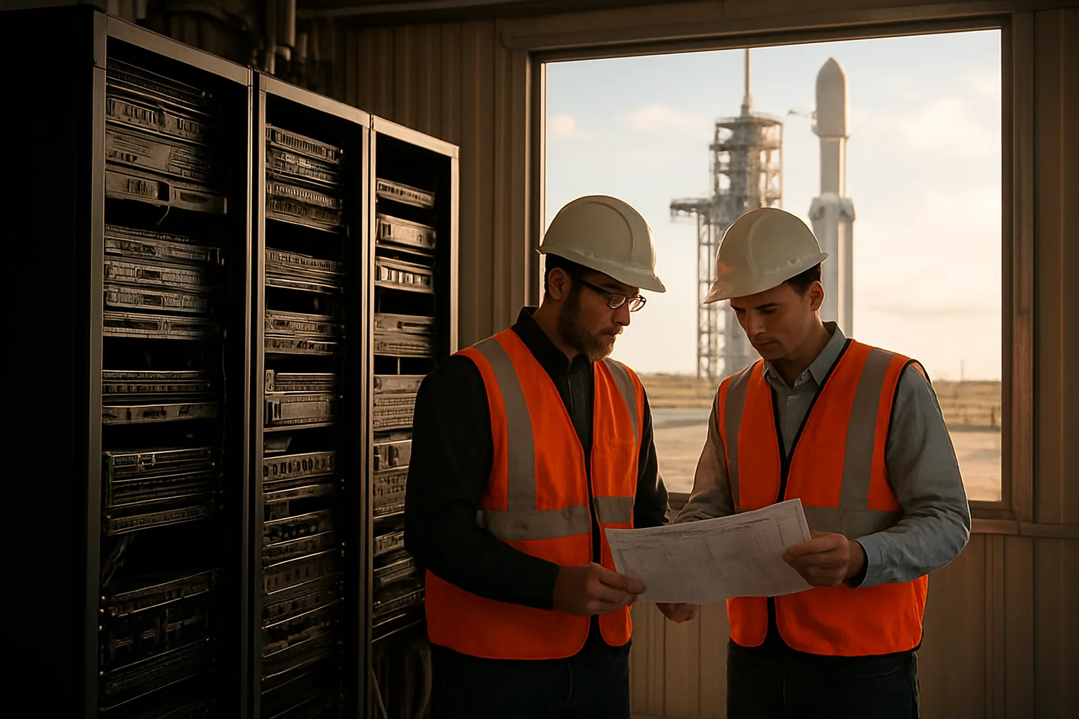 Una nave de SpaceX en una plataforma de lanzamiento al atardecer, con ingenieros observando equipos de infraestructura y servidores en primer plano.