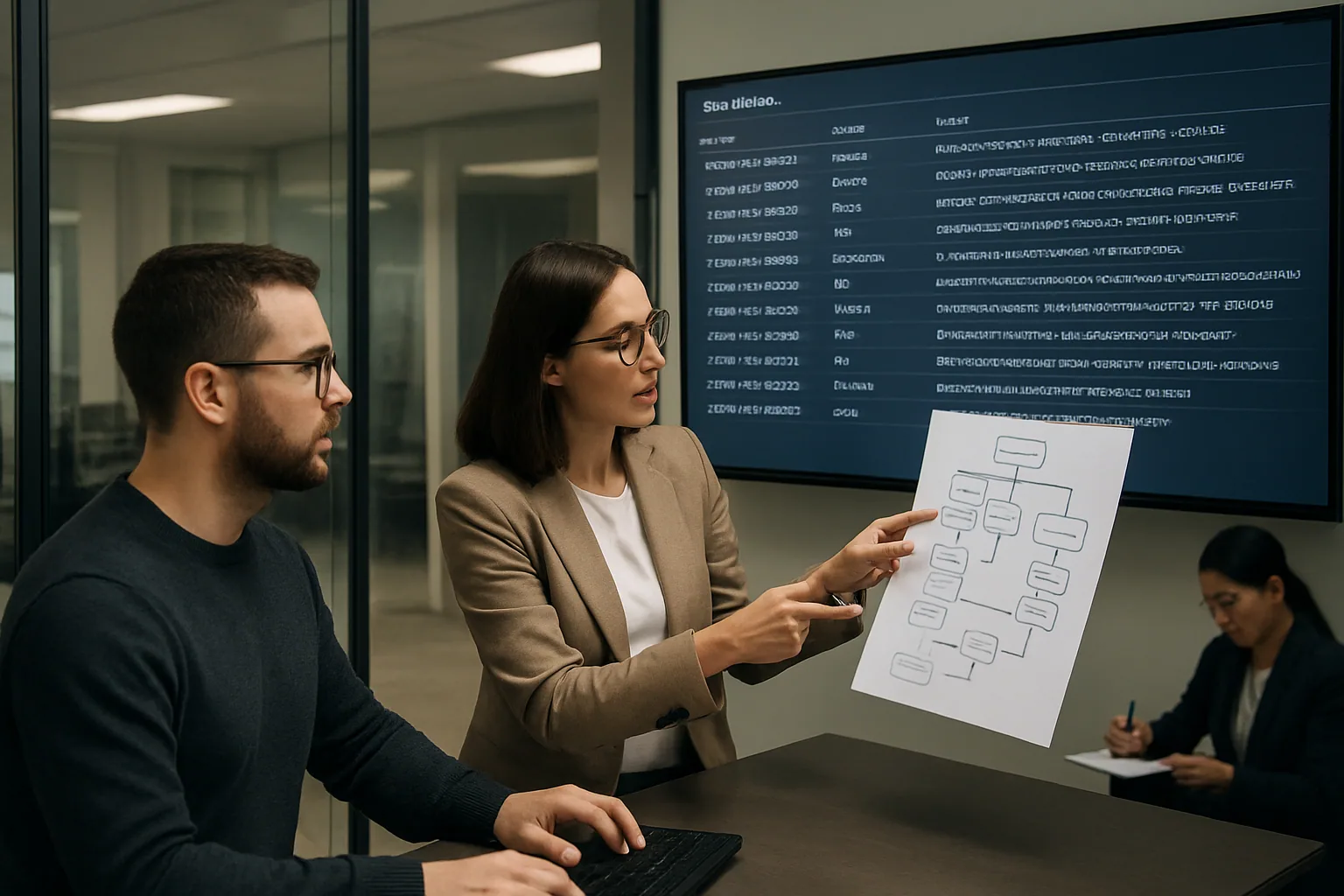 Una persona de seguridad informática revisa alertas y registros en una sala de operaciones frente a una pantalla con paneles de monitoreo, mientras un equipo trabaja en un chatbot empresarial.
