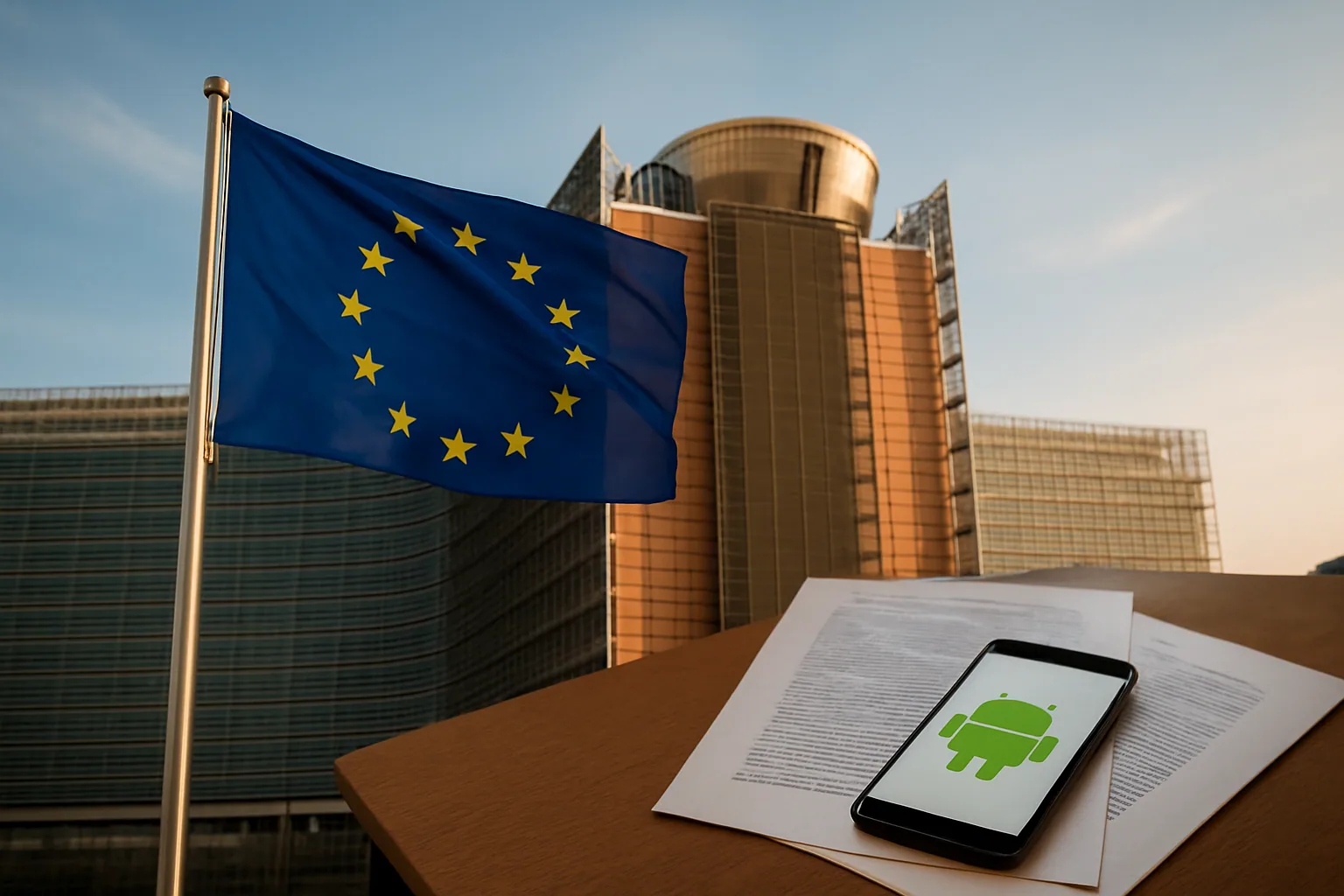 Un edificio institucional de la Unión Europea con una bandera azul frente a una pantalla que muestra el logo de Android y documentos legales sobre una mesa.