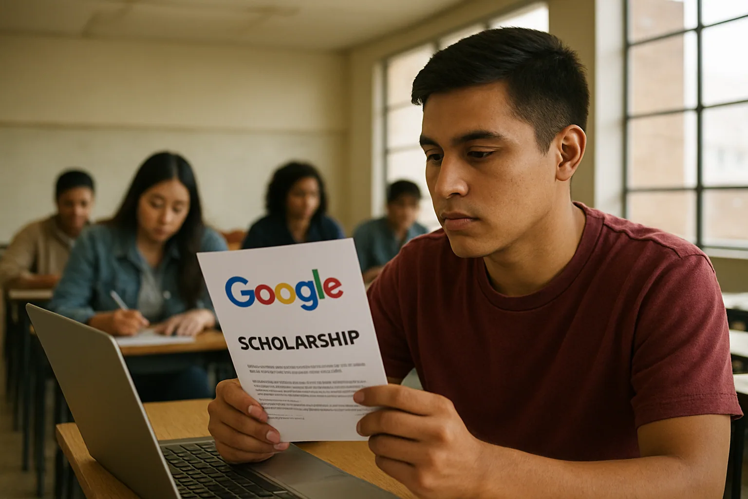 Una persona joven revisa información de una beca de Google en una computadora portátil dentro de un aula con otros estudiantes al fondo.