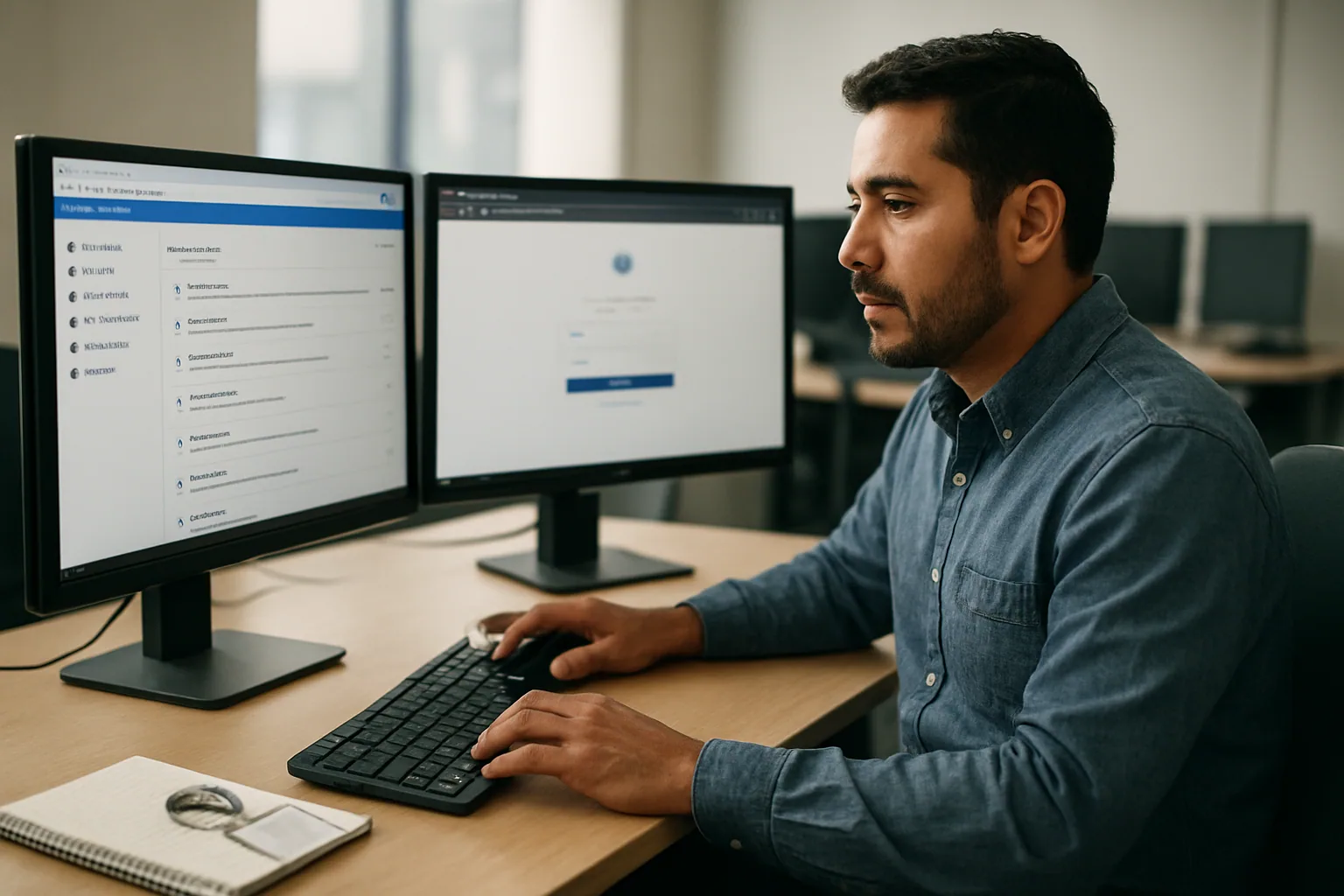 Una persona de TI revisa en un escritorio varios monitores con paneles de administración de Google Workspace y una ventana de Firefox abierta en una oficina moderna.