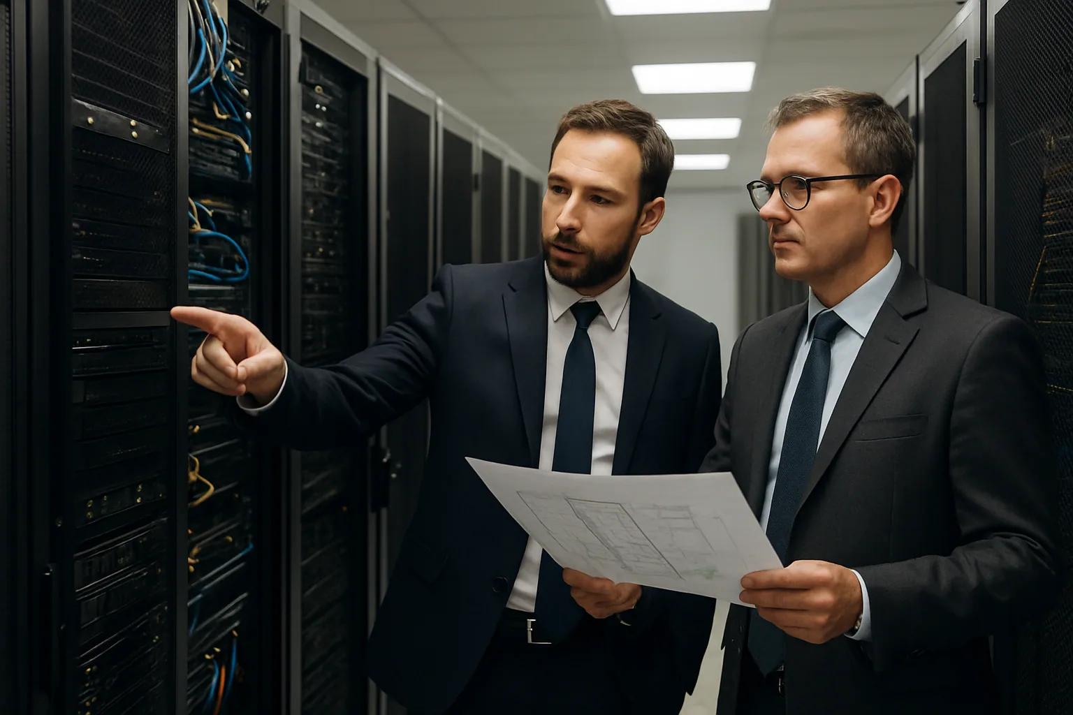 Dos ejecutivos revisan un plan de infraestructura cloud frente a una sala de servidores moderna con racks, cables y luces azules.