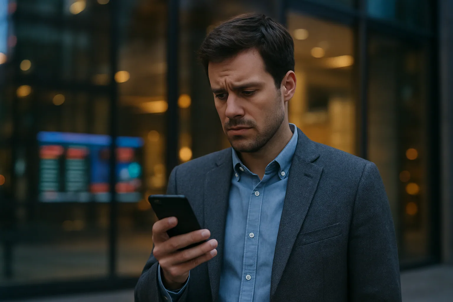 Un empleado de oficina camina frente a un edificio corporativo moderno mientras revisa su teléfono, con gráficos financieros en una pantalla al fondo.