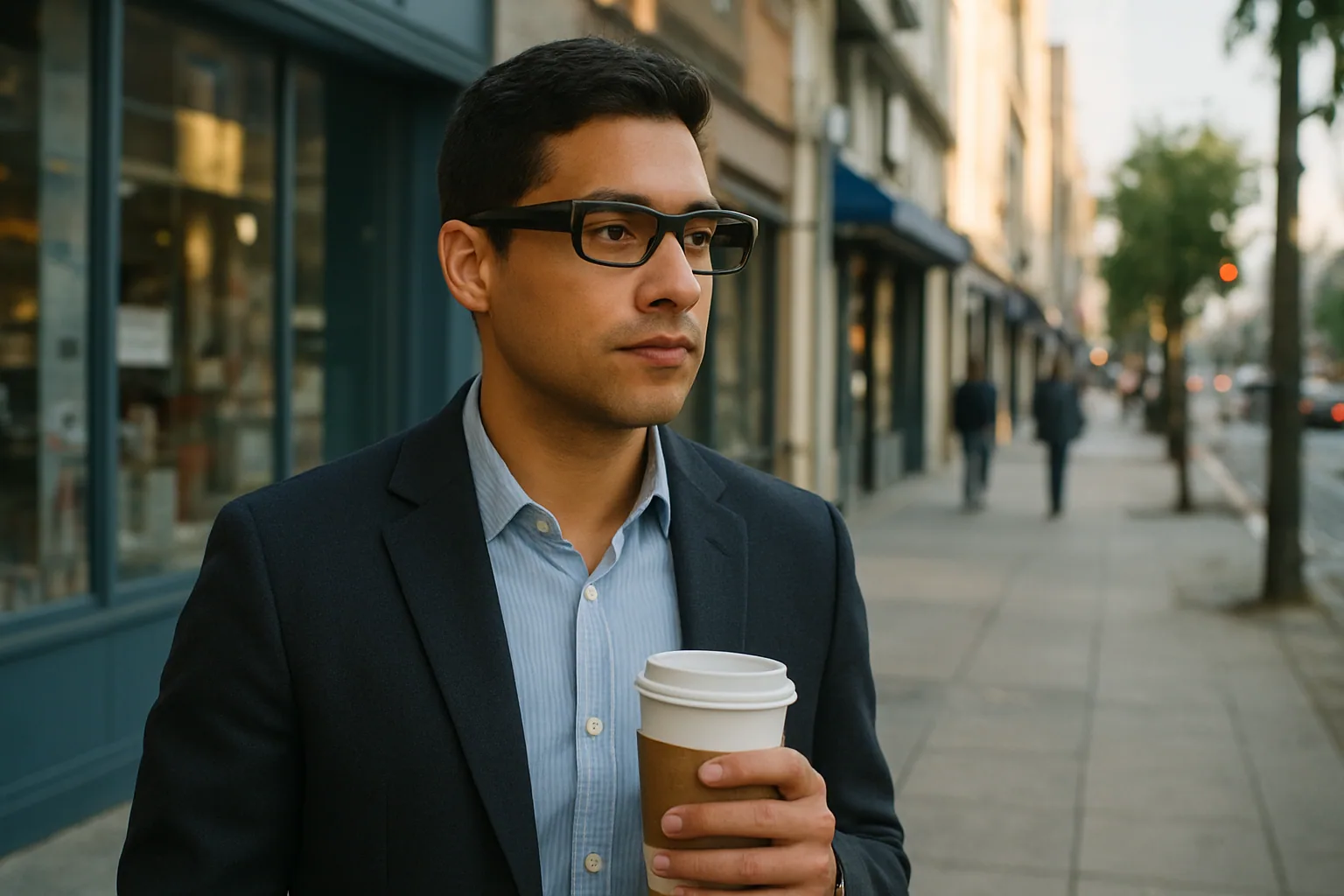 Una persona usa unas gafas inteligentes de diseño discreto mientras mira una calle urbana, con una mano levantada cerca del rostro y un entorno de ciudad ligeramente desenfocado.