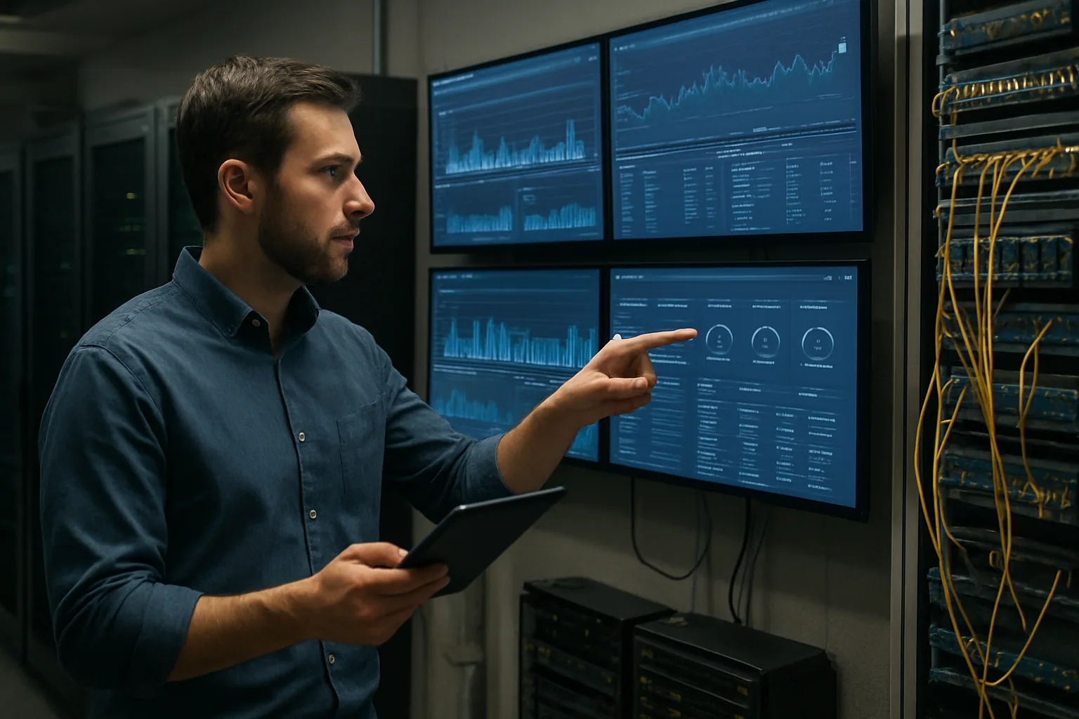 Un técnico de redes revisa paneles de monitoreo de tráfico en una sala de operaciones con gráficos de IPv6 y racks de servidores al fondo.