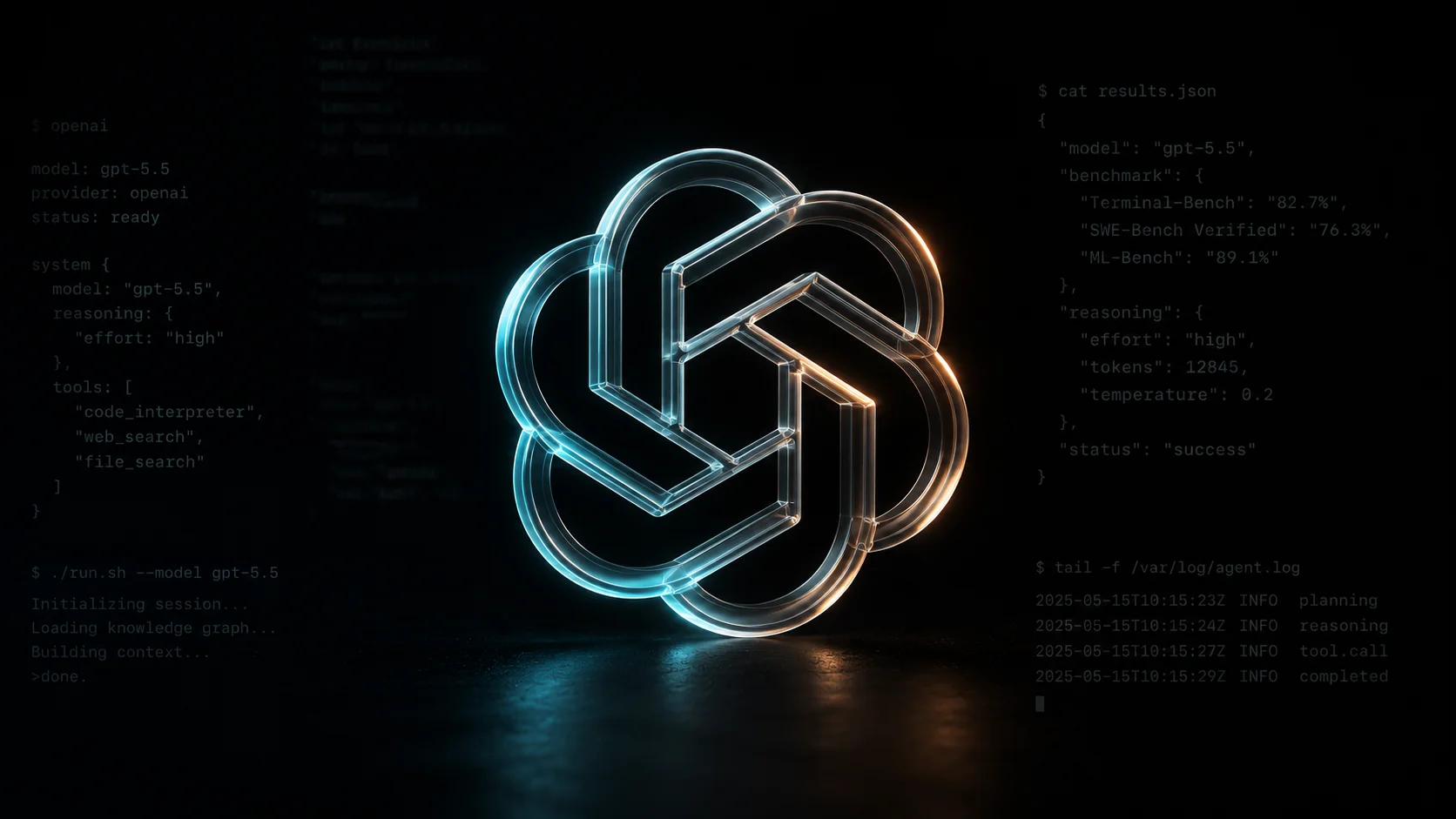 Logo abstracto de GPT-5.5 sobre fondo oscuro con líneas de código