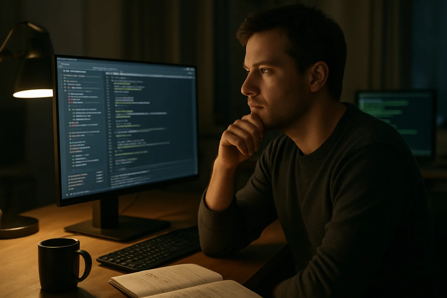 Una persona revisa en una pantalla grande el avance de una tarea de programación mientras deja notas en una libreta en una mesa de trabajo.