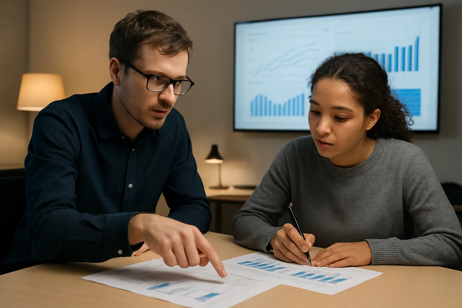 Dos ingenieros revisan resultados de evaluación de modelos de IA en una sala de trabajo con pantallas mostrando tablas y gráficos.