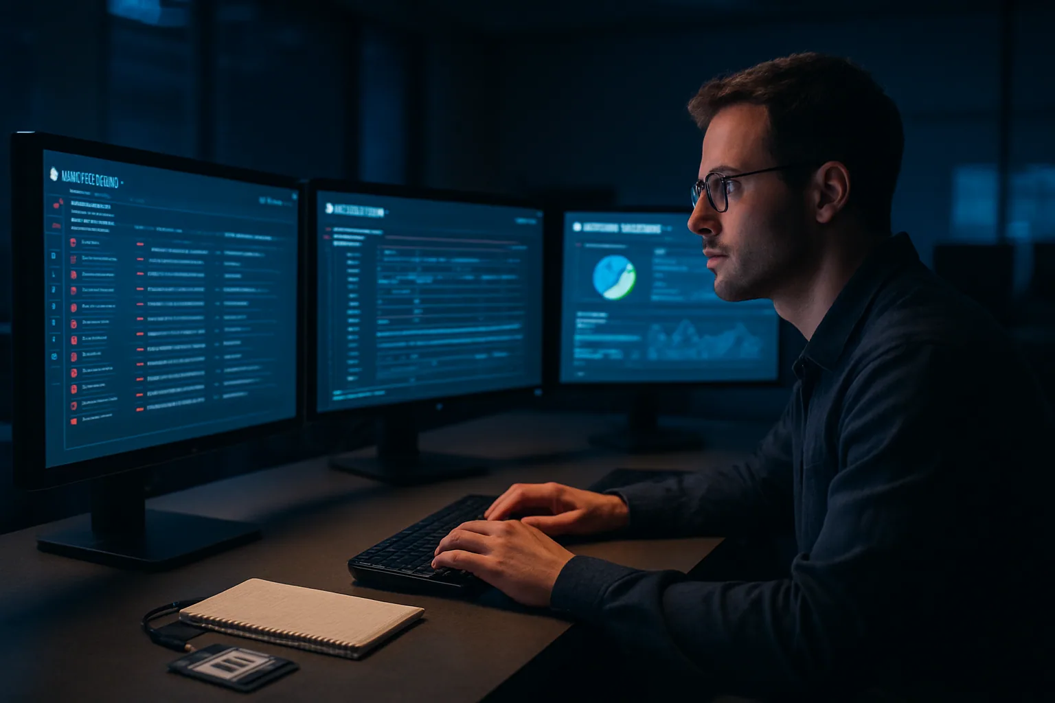 Un analista de ciberseguridad revisa alertas en una sala de operaciones con varios monitores mostrando paneles de detección y tráfico de red.