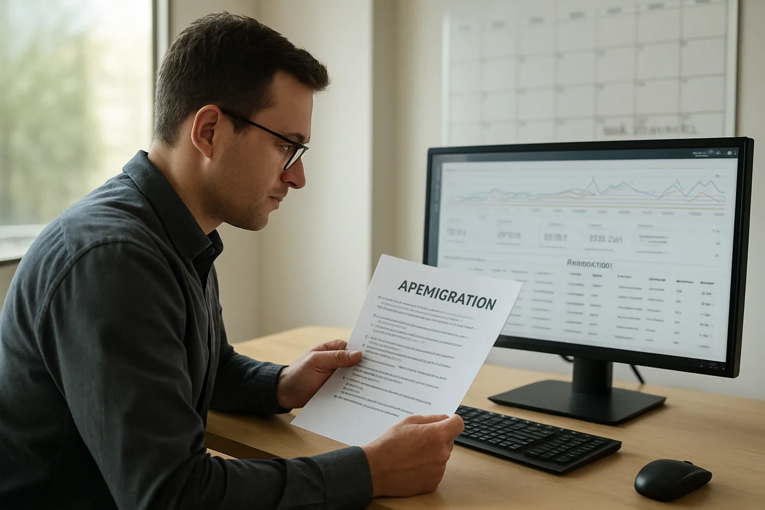 Una persona revisa métricas de una API en una pantalla de oficina mientras al fondo se ven notas de migración y un calendario de despliegue.