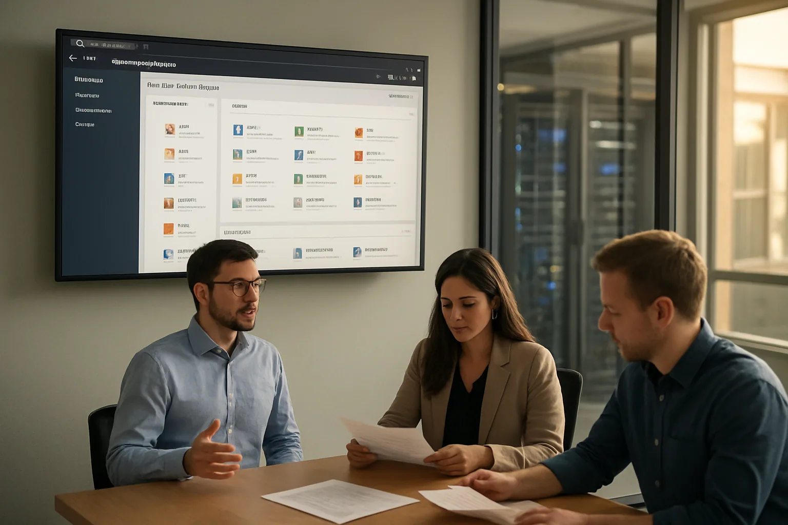 Una persona revisa una consola de AWS en una oficina mientras un equipo técnico analiza reportes de IA en una pantalla al fondo.