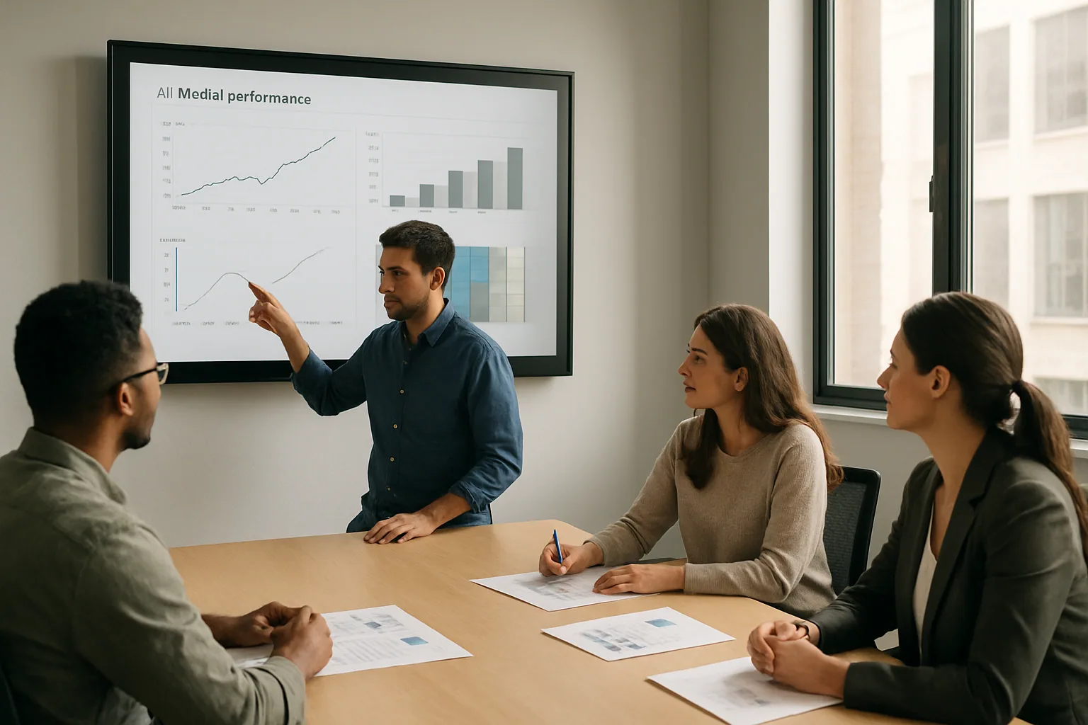 Un equipo de producto revisa resultados de un sistema de IA en una sala de reuniones con monitores mostrando métricas y respuestas del modelo.