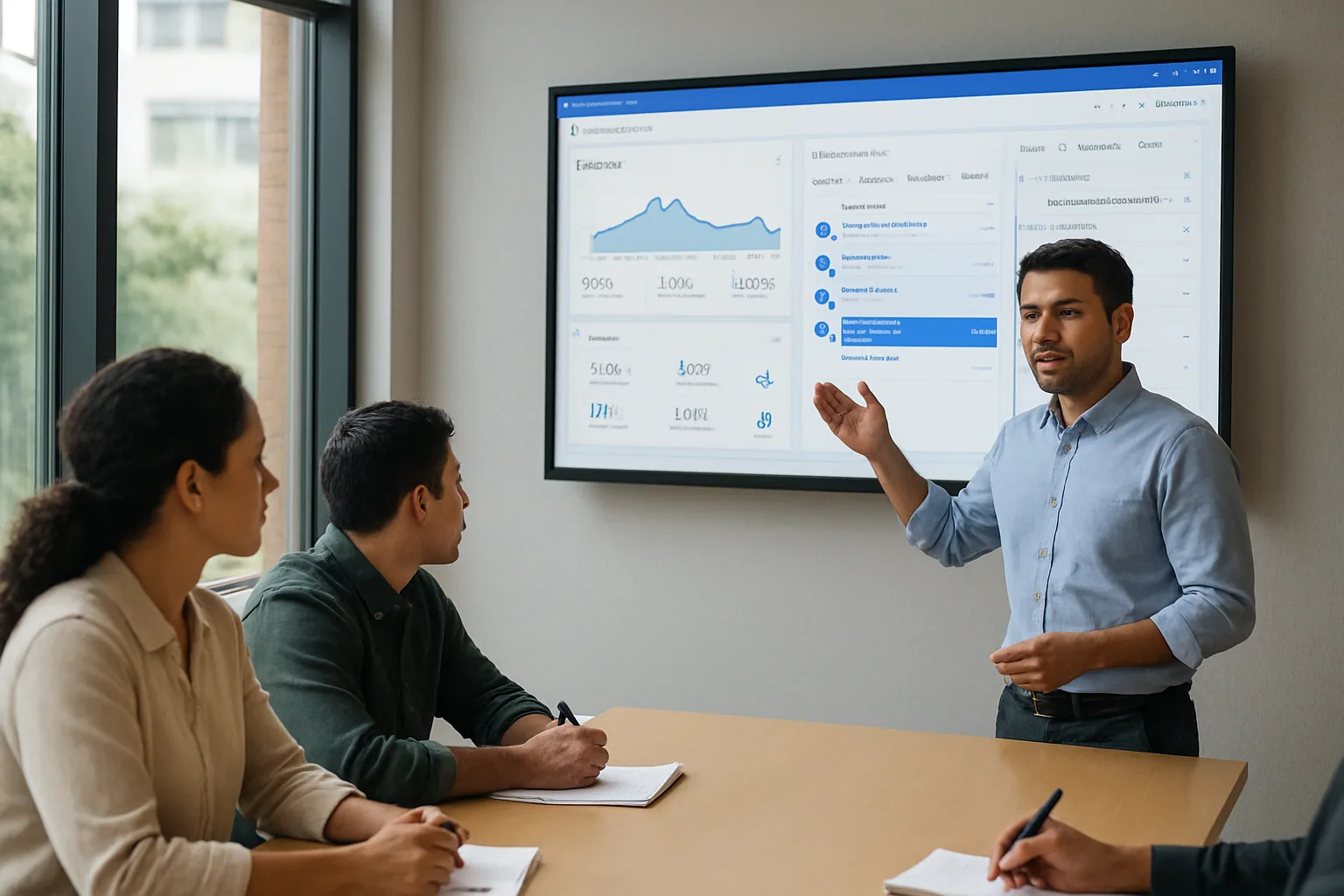 Una persona de oficina revisa un panel de Microsoft 365 en una pantalla grande mientras coordina trabajo en equipo en una sala de reuniones.